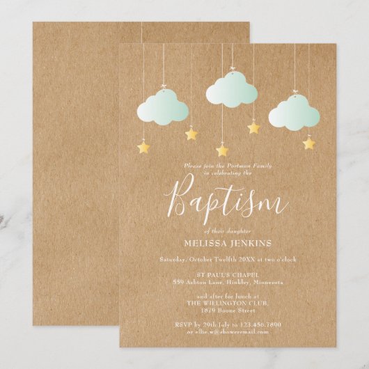 Invitation Baptême Rustique Étoiles Scintillantes (Devant / Derrière)