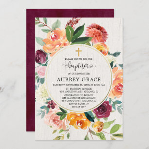 Invitation Baptême rustique floral d'aquarelle de Bourgogne