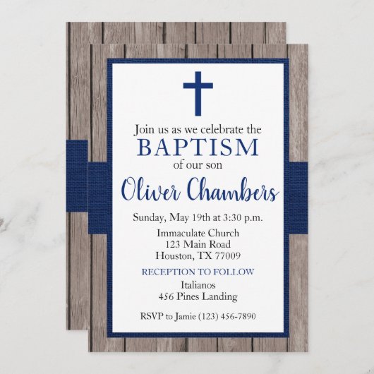 Invitation Baptême Rustique Marine & Boy Boy Boy (Devant / Derrière)