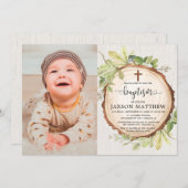 Invitation Baptême rustique photo bois chute feuillage (Devant / Derrière)