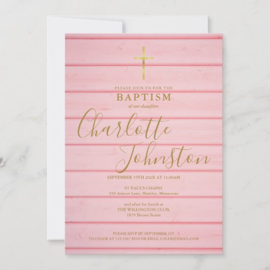 Invitation Baptême Rustique Rose Bois Écriture (Devant)
