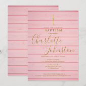 Invitation Baptême Rustique Rose Bois Écriture (Devant / Derrière)