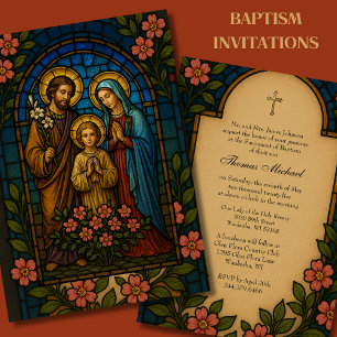Invitation Baptême Sainte Famille Verre doré