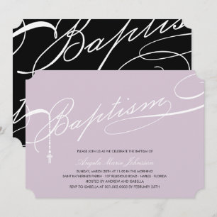 Invitation Baptême scénarisé Rosaire Croix violet Religieux