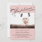 Invitation Baptême scénarisée Croix du Rosaire Fille rose Pho (Devant)
