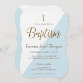 Invitation Baptême Simple Bleu Blanc Or Moderne Étalé (Devant / Derrière)