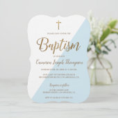 Invitation Baptême Simple Bleu Blanc Or Moderne Étalé (Debout devant)