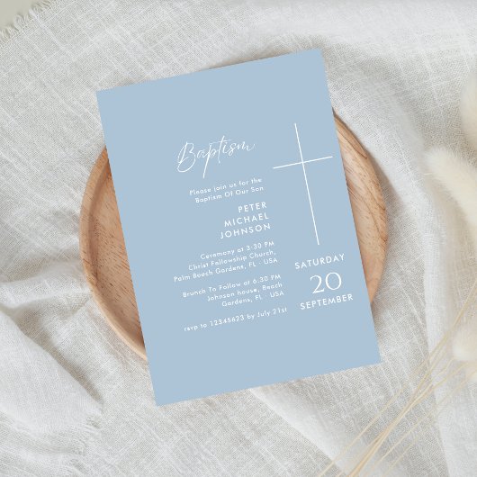 Invitation Baptême simple Christening Dusty Blue Baby Boy Bap