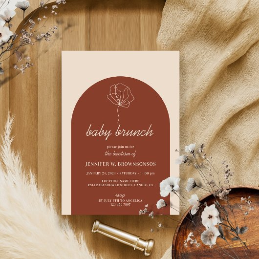 Invitation Baptême simple de bébé boho botanique en terre cui