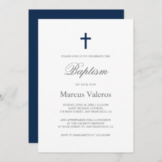 Invitation Baptême simple de la marine simple Croix bleue
