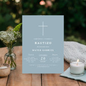 Invitation Baptême simple Dusty bleu espagnol Bautizo
