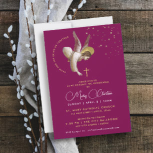 Invitation Baptême simple élégant magenta bordeaux or