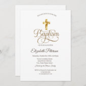 Invitation Baptême simple et élégante de croix d'or (Devant / Derrière)