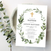 Invitation Baptême simple feuille vert Eucalyptus