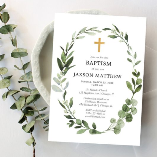 Invitation Baptême simple feuille vert Eucalyptus