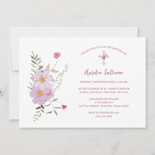 Invitation Baptême simple Fleur sauvage (Devant)