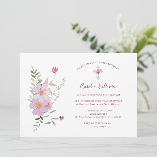 Invitation Baptême simple Fleur sauvage (Debout devant)