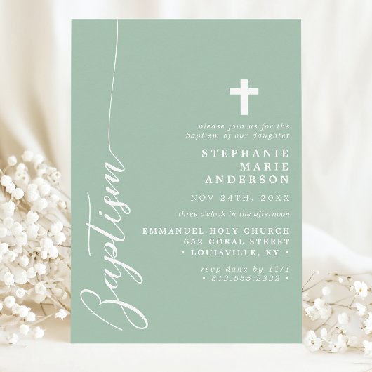 Invitation Baptême Simple Moderne Écriture Dusty Mint