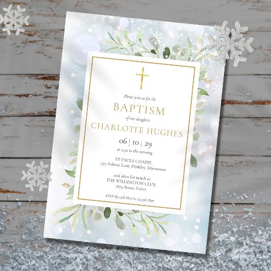 Invitation Baptême Snowflakes hiver Aquarelle Verdure