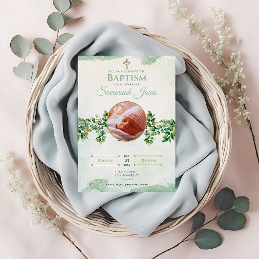 Invitation Baptême sur mesure floral élégant vert
