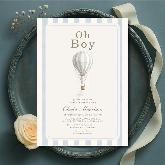 Invitation Baptême Thème Montgolfière Rayures Bleues Bébé