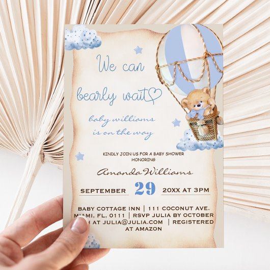 Invitation Baptême Thème Montgolfière Rustique Ours Garçon