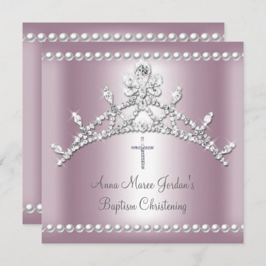 Invitation Baptême Tiara Rose Argent Blanc Pearl Diamant (Devant / Derrière)