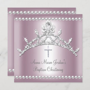 Invitation Baptême Tiara Rose Argent Blanc Pearl Diamant