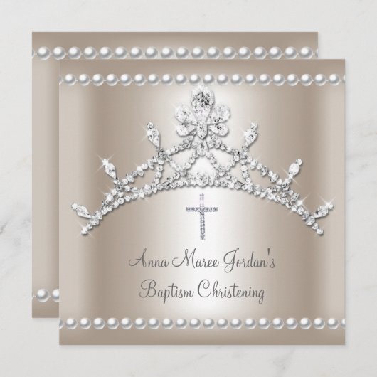 Invitation Baptême Tiara Sepia Silver White Pearl Diamond (Devant / Derrière)