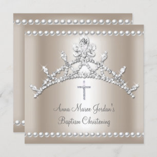 Invitation Baptême Tiara Sepia Silver White Pearl Diamond
