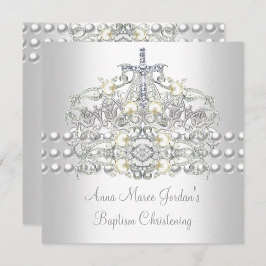 Invitation Baptême Tiara Silver White Pearl Diamond (Devant / Derrière)