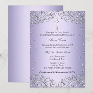 Invitation Baptême Tourbillon Argent Violet & Croix