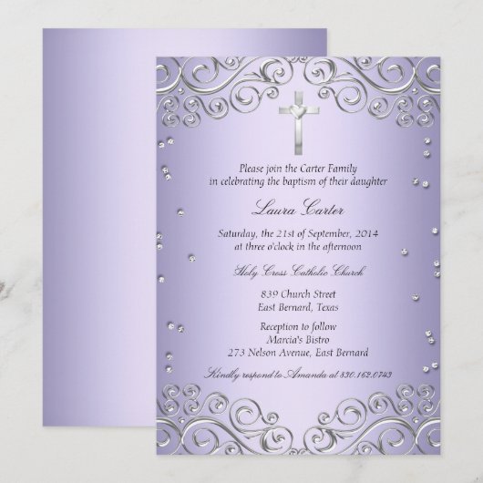 Invitation Baptême Tourbillon Argent Violet & Croix (Devant / Derrière)