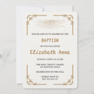 Invitation Baptême Traditionnel pour Fille Croix d'Or