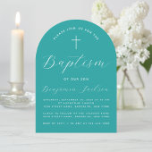 Invitation Baptême Turquoise Arc Croix et Script Garçon Chris