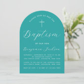 Invitation Baptême Turquoise Arc Croix et Script Garçon Chris (Debout devant)