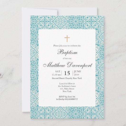 Invitation Baptême turquoise avec tuiles branchées (Devant)