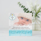 Invitation Baptême Turquoise bleu blanc dentelle photo Bijou  (Debout devant)