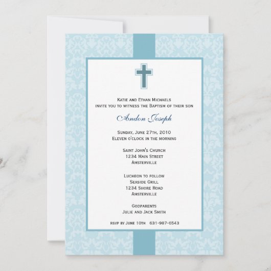 Invitation Baptême turquoise Damas. (Devant)