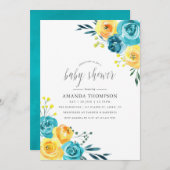 Invitation Baptême Turquoise et Jaune Fleurs Aquarelle pour B (Devant / Derrière)