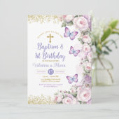 Invitation Baptême Twin & 1er Anniversaire Croix Florale Viol (Debout devant)