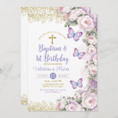 Invitation Baptême Twin & 1er Anniversaire Croix Florale Viol (Devant / Derrière)