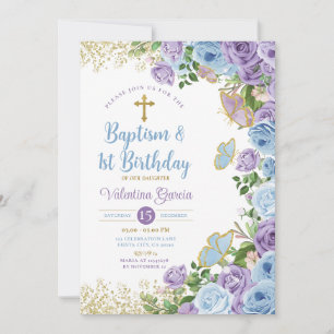 Invitation Baptême Twin & 1er anniversaire Purple et Floral B