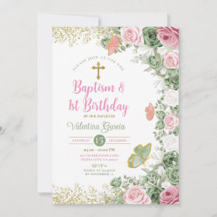 Invitation Baptême Twin & 1er Anniversaire Sage vert rose flo