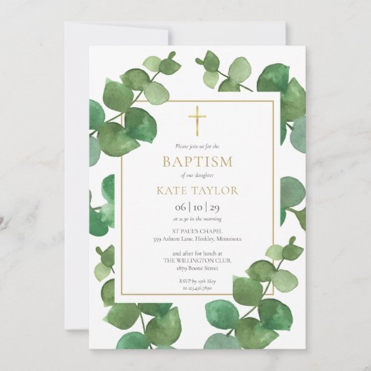 Invitation Baptême végétation d'eucalyptus (Devant)