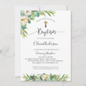 Invitation Baptême, Verdure et Blanc, Floral Jaune Or (Devant)