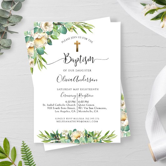Invitation Baptême, Verdure et Blanc, Floral Jaune Or