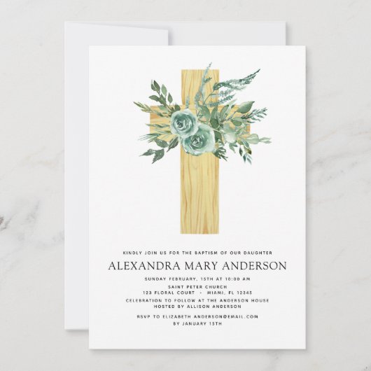Invitation Baptême Verdure Sage Eucalyptus Croix en bois (Devant)