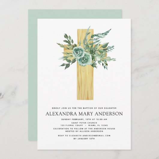 Invitation Baptême Verdure Sage Eucalyptus Croix en bois (Devant / Derrière)