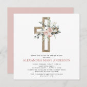 Invitation Baptême Vert Dusty Rose Croix (Devant / Derrière)